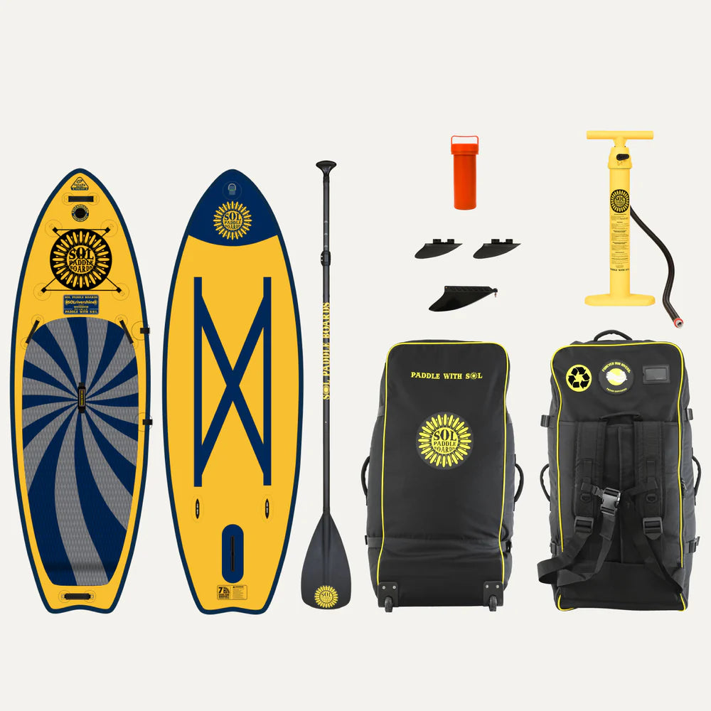 The SOL Paddle Boards GalaXy SOLrivershine SUP paddleboard set, in vibrant yellow and blue, includes a paddle, pump, retractable fin system, fins, repair kit, and carrying backpack—everything needed for water adventures.