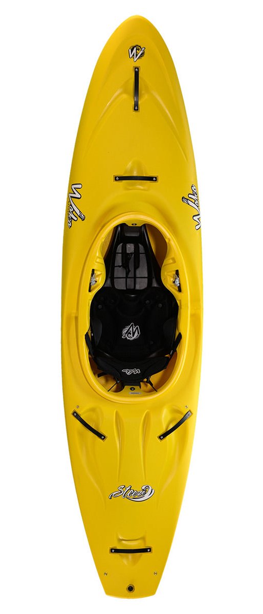The Steeze by Waka Kayaks is a bright yellow creek boat with a black seat, adorned with logos and designs, perfect for white water adventures.