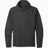 The Outdoor Research Echo Hoodie - Men's is a dark gray long-sleeve sweatshirt designed for moisture management, showcased flat against a white background to highlight its sleek, functional style.