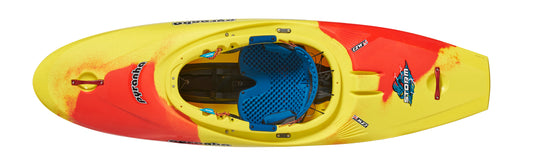 Top view of the Pyranha Storm kayak in yellow and red with a blue seat, visible cockpit, and Pyranha logos—perfect for downriver playboating.