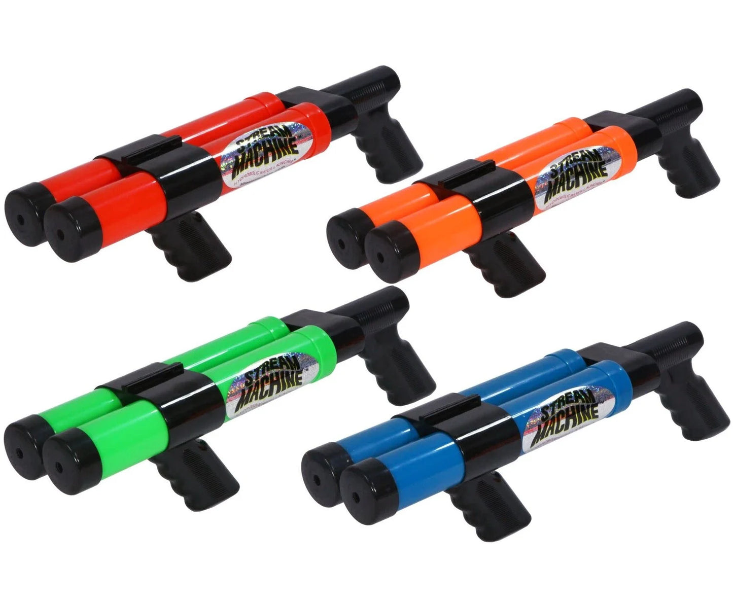 The 4CRS Stream Machine Water Cannon set includes four colorful blasters—red, orange, green, and blue—with black handles and dual-barrel design. Each is labeled "Stream Machine," perfect for high-powered summer fun.
