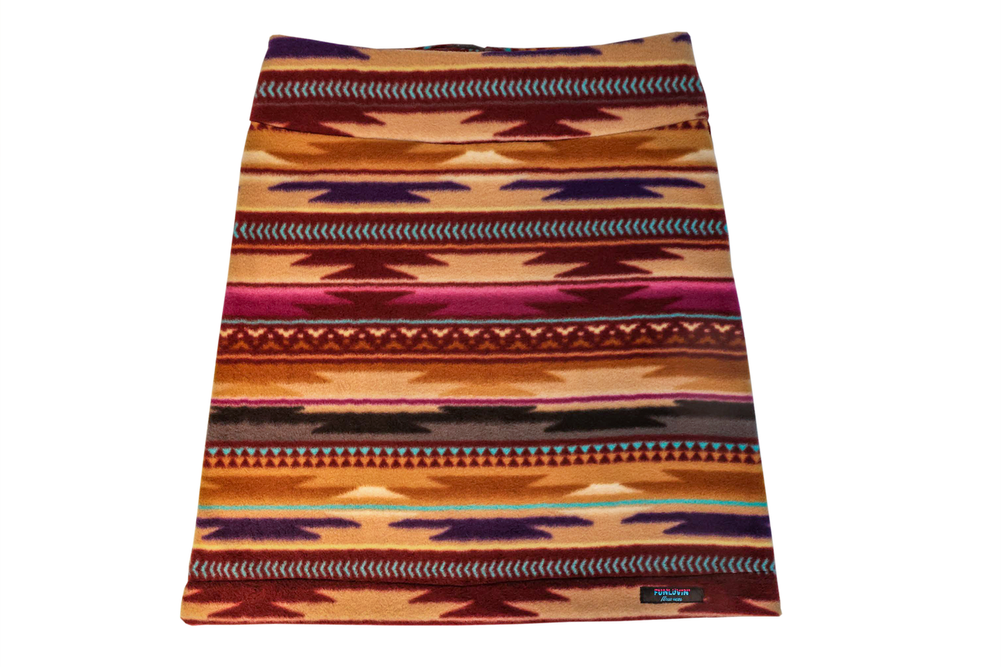 The FunLuvin' Fleecewear's FunLuvin' Fleece Skirt, showcasing a multicolored geometric pattern with hues of brown, red, orange, and purple, is displayed flat on a white background.