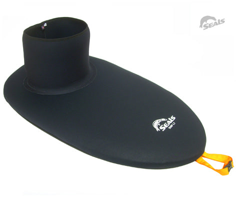 The Seals Surf Skirt is a black neoprene kayak sprayskirt designed for high-performance paddlers, featuring a yellow grab loop and the Seals logo—durable, reliable, and ideal for demanding conditions.