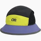 The Swift Bucket Hat by Outdoor Research features a striking design with its yellow, black, and purple color scheme, mesh sides, and "OR" text on the front.