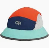 The Swift Bucket Hat by Outdoor Research features an orange top, navy middle with the "OR" logo, light blue wide brim, and white mesh sides.