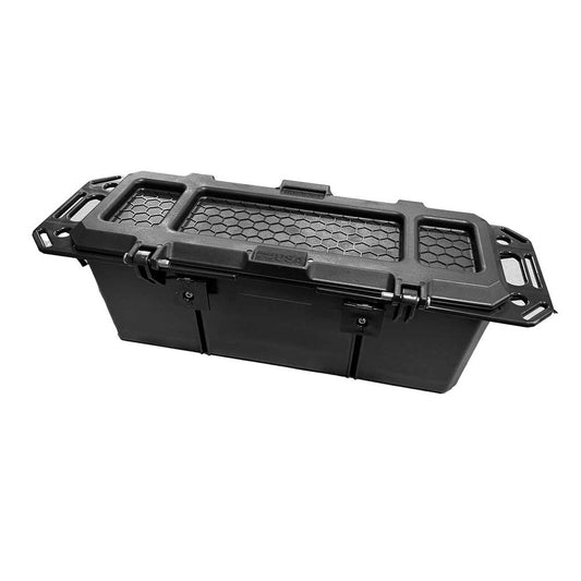 The Jackson Kayak Multibox and L-Brackets is a black plastic storage box with a honeycomb-patterned lid, sturdy side handles, and a central latch, perfect for tackle storage and an efficient gear management system.