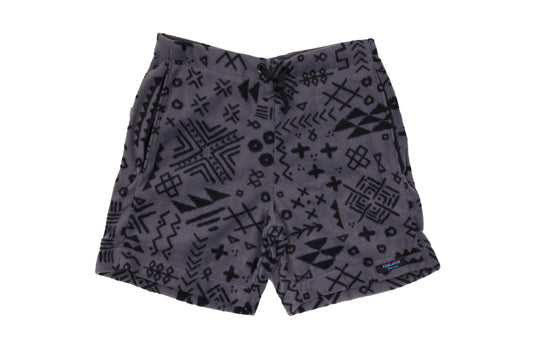 The FunLuvin' Fleece Short M's by FunLuvin' Fleecewear features gray fleece with black geometric patterns, a button closure, and a logo tag—perfect insulating men's shorts for active outdoor pursuits.