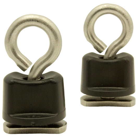 The YakAttack Tie Down-Eyelet Track Mount (2 Pack) features two metal eye bolts with black plastic bases, compatible with YakAttack accessories, shown upright and angled on a white background.