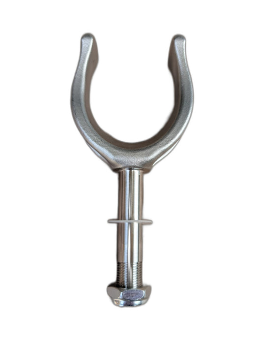 The Better Mounts Warlock OarLock is a stainless steel oarlock with a U-shaped top, cylindrical shaft, and bolt base—perfect for securely attaching rafting oars to your boat.