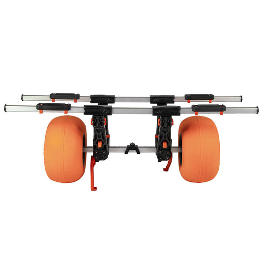 The YakAttack TowNStow BarCart Kayak Cart with Sand Tires features a metal frame, adjustable support bars, and two large orange balloon wheels—ideal for transporting your kayak over sand or rough terrain.