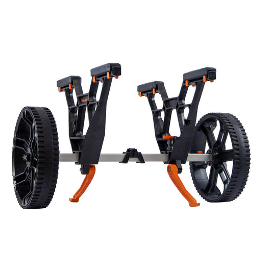 The YakAttack TowNStow Bunkster Kayak Cart in black and orange has large sand wheels and adjustable padded supports, making it ideal for transporting your watercraft easily.