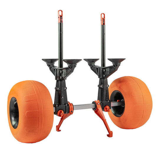 The YakAttack TowNStow Scupper Kayak Cart w/ Sand Wheels features adjustable scupper uprights and large orange sand wheels on a sturdy metal frame, ideal for transporting heavy gear over sand or rough terrain.