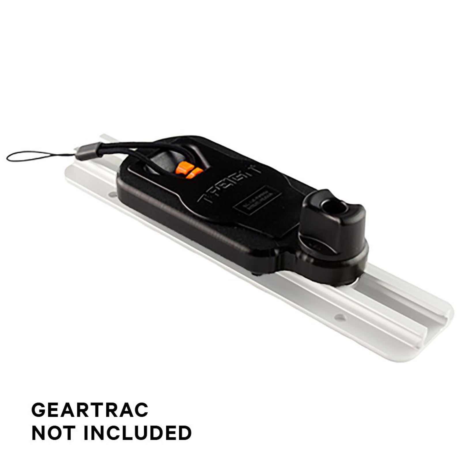 A YakAttack Track Mount Retractor (black) is attached to a white kayak track system. Note: GearTrac not included. Ideal for upgrading your kayak fishing setup.