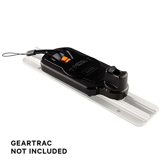 A YakAttack Track Mount Retractor (black) is attached to a white kayak track system. Note: GearTrac not included. Ideal for upgrading your kayak fishing setup.