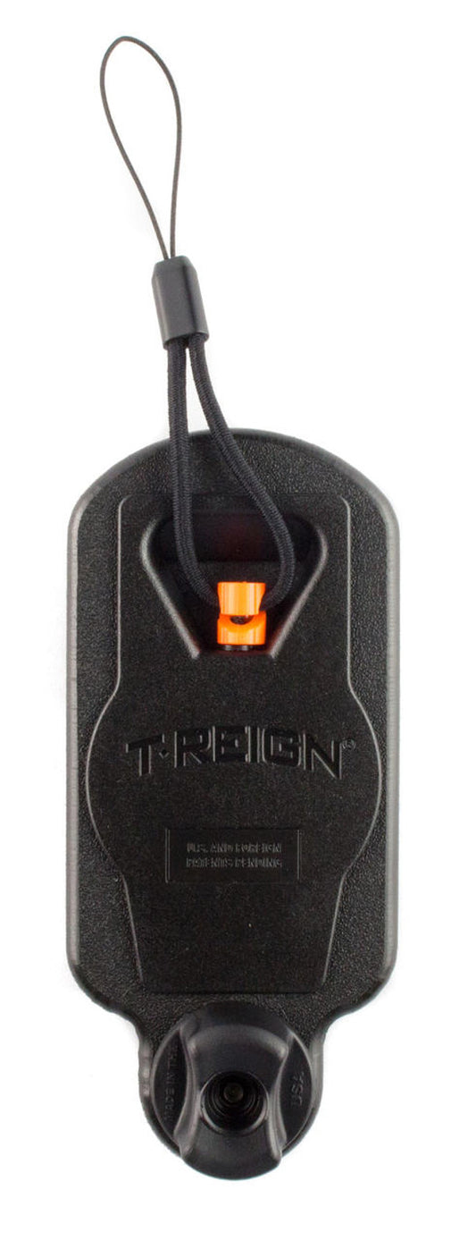 The YakAttack Track Mount Retractor is a black plastic device with a wrist lanyard, orange clasp, and bottom attachment—perfect for securing to kayak track systems or as essential kayak fishing gear.