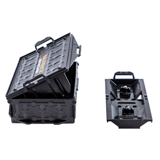 Two black YakAttack TracPak with PicPocket QuickDraw storage boxes, one open to reveal its spacious interior and one closed showing the handles and latches.