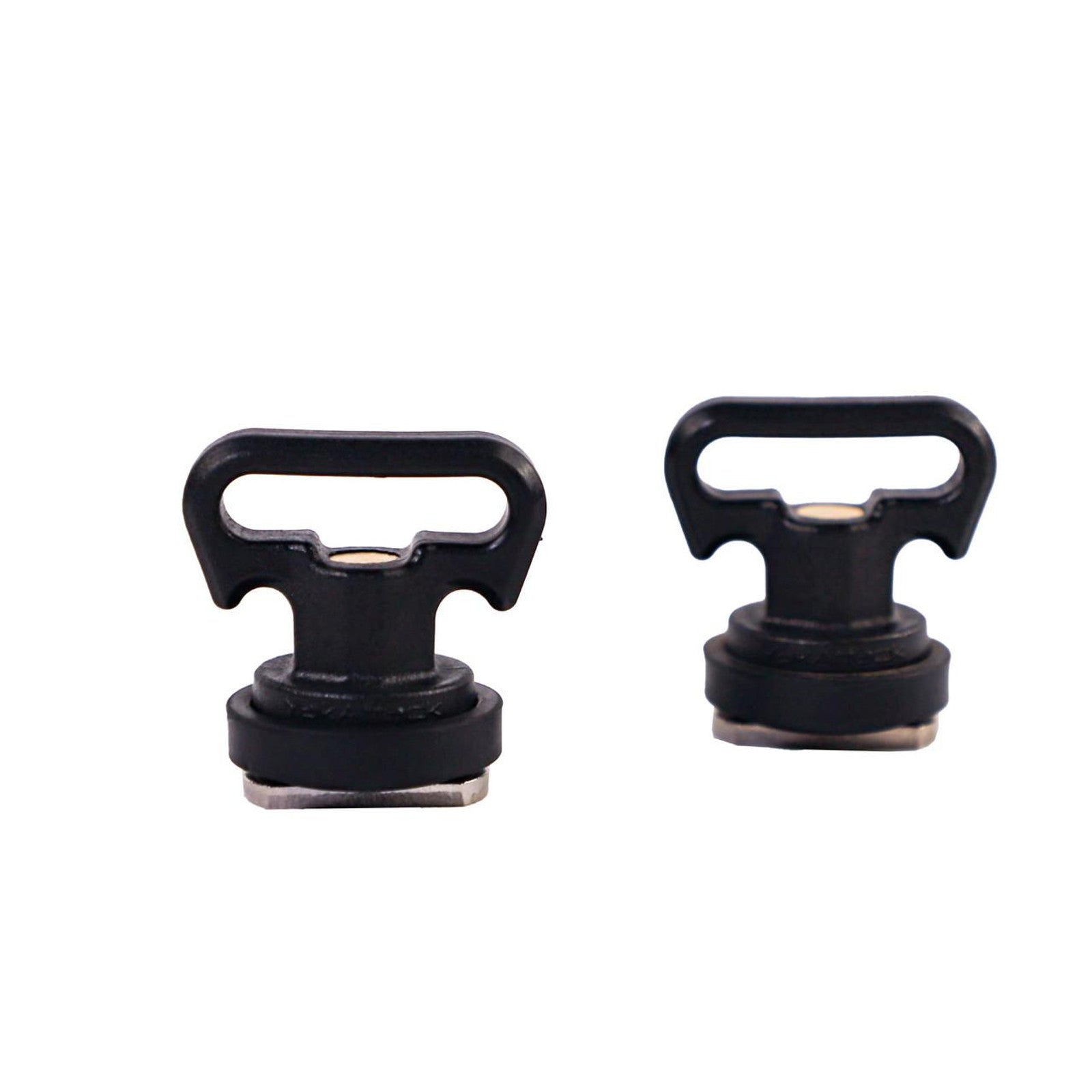 Two YakAttack Vertical Tie Down pairs, featuring black plastic and metal construction with T-shaped handles in two sizes, compatible with GearTrac kayak track systems, are displayed on a white background.