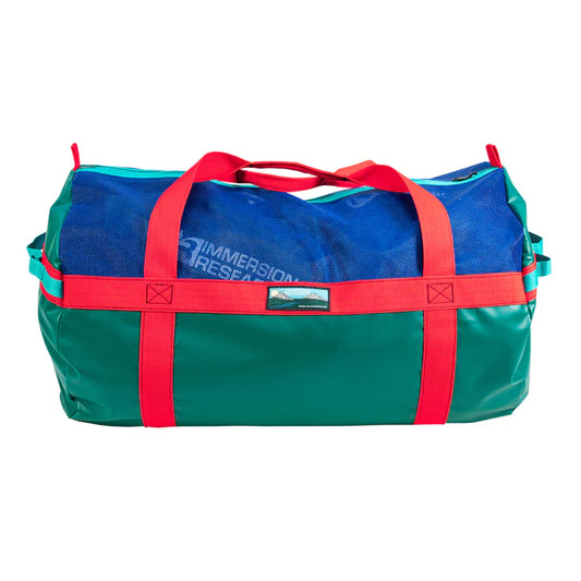 A green and red World Class Gear Bag, crafted from durable vinyl-coated polyester, features a blue mesh top for excellent mesh ventilation. The text "Immersion Research" is visible through the mesh, making it a robust and stylish choice for any adventure.