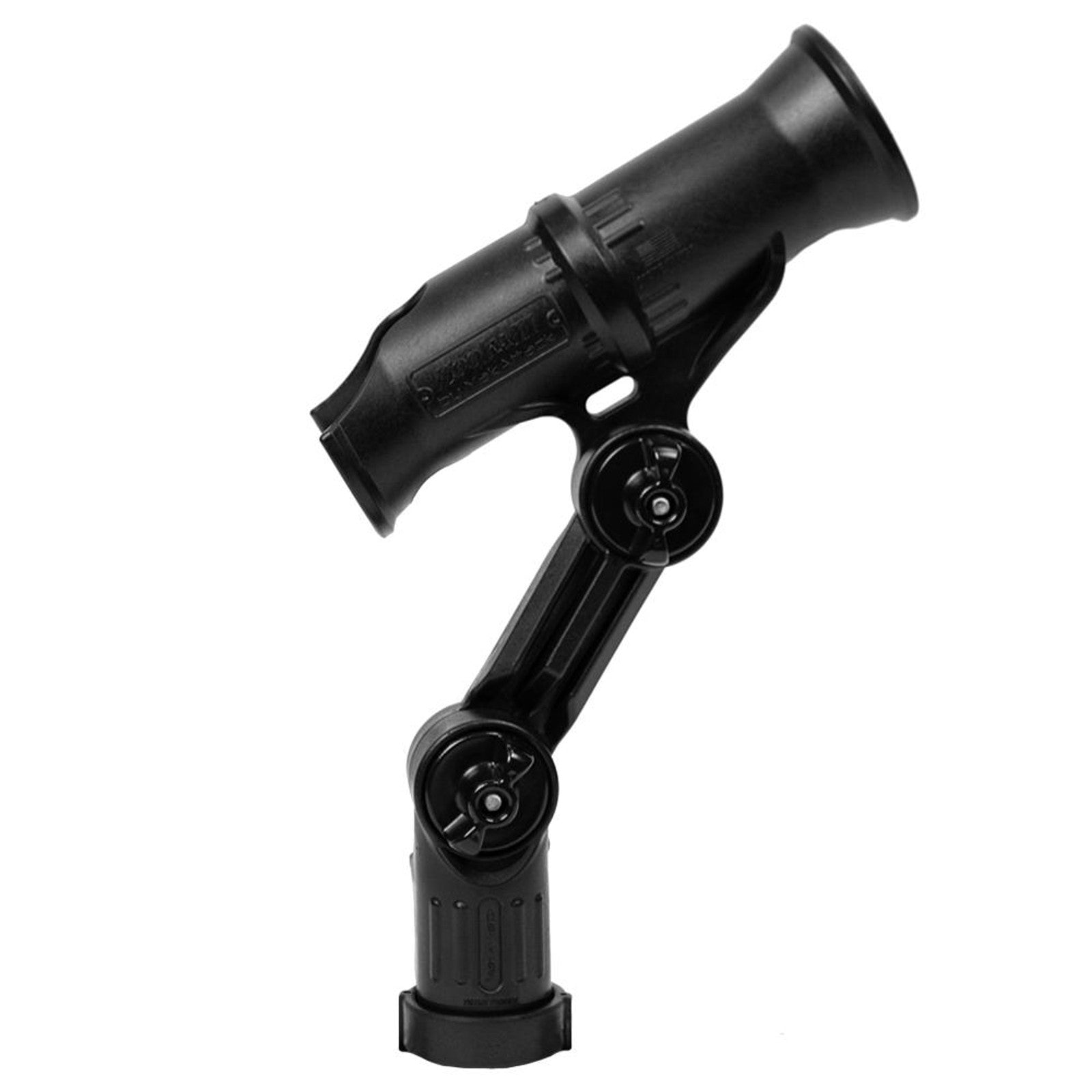 The YakAttack Zooka II Rod Holder is an adjustable black rod holder with a swiveling arm and mounting base, compatible with the LockNLoad Mounting System for secure track mounting. Shown against a white background.