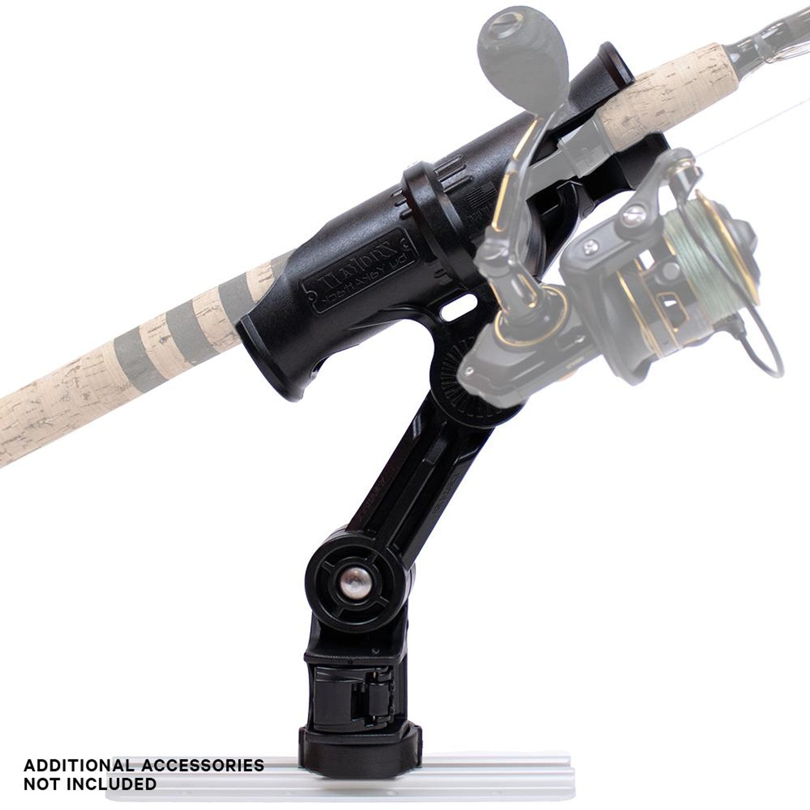 A YakAttack Zooka II Rod Holder in black with a LockNLoad Mounting System is mounted on a white rail, securing a fishing rod and reel. Text below states, "Additional accessories not included.