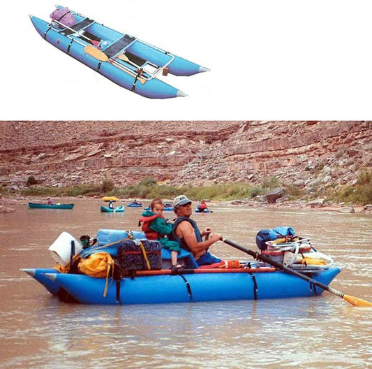 A person and child paddle a blue inflatable Cutthroat 2 cataraft by Jacks Plastic Welding with PVC construction on a river, surrounded by gear. Other rafters drift in the background, while an image of an empty boat is shown above.