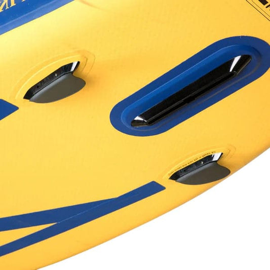Close-up of a yellow raft with blue trim, featuring three black air valve covers. Its exceptional maneuverability, ideal for shallow rivers, is enhanced by the 2in Side Click Fin from SOL Paddle Boards.