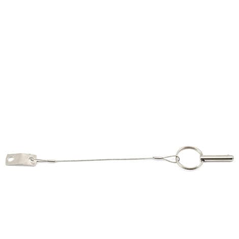 The metal safety wire has a quick release pin with a loop and a flat tab with a hole, specifically designed to complement Coyote River Gear's Bimini Deck Mount (Old Style).