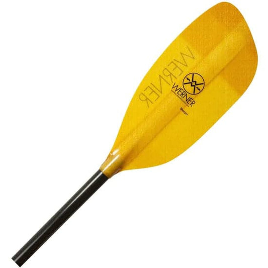 The Werner Paddles Sherpa Kayak Paddle features a yellow blade and black handle with the iconic logo, perfect for river running with performance and style in every stroke.
