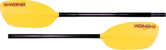Two Rio 2-Piece Whitewater Kayak Paddles by Werner Paddles feature yellow blades and black fiberglass shafts with "Werner" in red, ideal for river running.