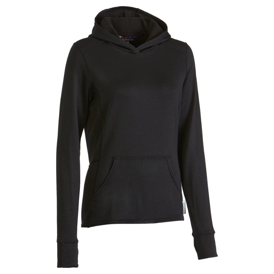 A women's Immersion Research Highwater Hoodie black hooded sweatshirt.