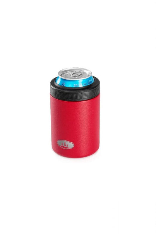 The GSI Outdoors Standard Can Cozy is red, BPA-free, and double-wall insulated to keep your beverage at an ideal temperature while showcasing a silver and blue can inside.