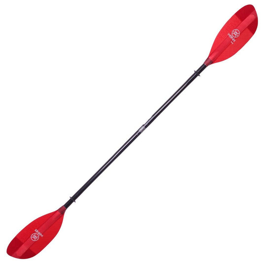 The Werner Paddles Shuna is a vibrant red double-bladed kayak paddle with a black shaft, perfect for high-angle touring. Set against a white background, this fiberglass touring paddle highlights excellent design and performance.