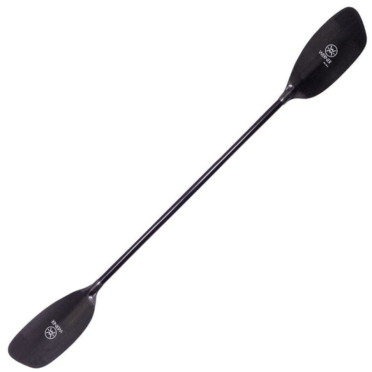 The Werner Paddles Sho-Gun is a black kayak paddle with symmetrical blades and the renowned logo near each blade, designed for whitewater challenges. Its sleek design and premium Carbon Foam-Core construction make it perfect for navigating tough waters.