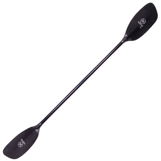 The Stikine by Werner Paddles is a black kayak paddle with two blades and a durable central Kevlar shaft, ideal for whitewater adventures.