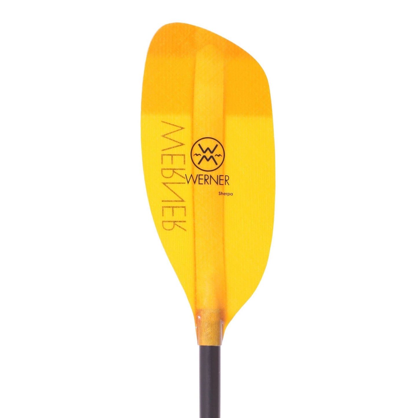A yellow Werner Sherpa kayak paddle with logo on the blade, featuring a black shaft, isolated on a white background. This design is ideal for adventurers tackling whitewater challenges.
