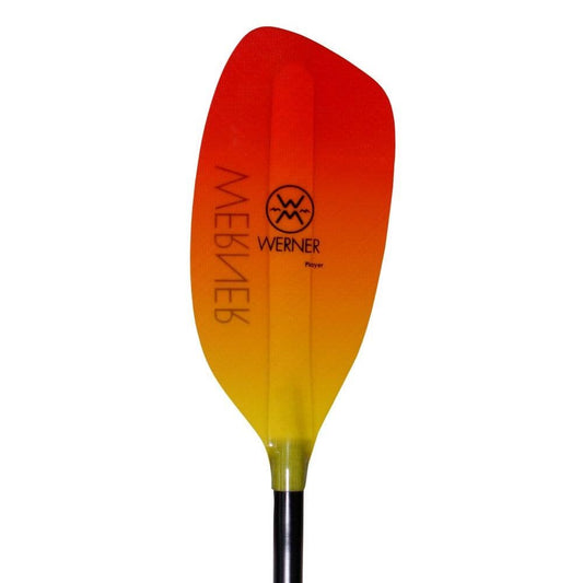 Werner Paddles' Player kayak paddle features a sleek black shaft with a vibrant red to yellow gradient blade, perfect for powerful catches and precision strokes in play boating.