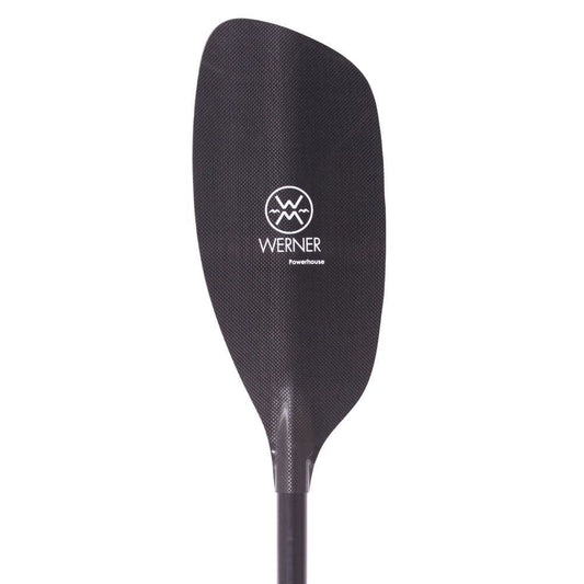 The Werner Paddles Powerhouse Carbon is a black canoe paddle ideal for river running, featuring the brand's white text and logo. It promises excellent performance for whitewater kayaking.
