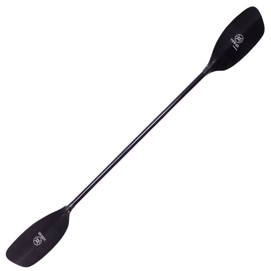 The Werner Paddles Powerhouse Carbon is a black river-running kayak paddle with double blades attached to a central shaft, ideal for whitewater adventures.