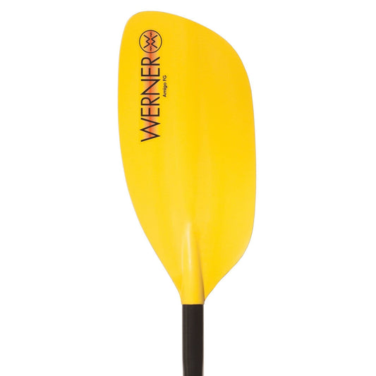 The Amigo kayak paddle by Werner Paddles features a yellow blade, black fiberglass shaft, and "WERNER" printed on the blade. Ideal for smaller paddlers and perfect for whitewater adventures.