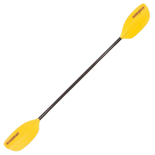 The Amigo by Werner Paddles is a black kayak paddle with yellow blades and a durable fiberglass shaft, ideal for smaller paddlers seeking precision. Perfect for whitewater kayaking, it ensures enhanced control and comfort on every adventure.