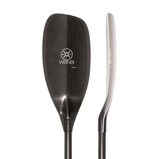 Two views of the Odachi slalom kayak paddle blade by Werner Paddles, featuring a sleek carbon fiber finish and displaying the Werner logo.