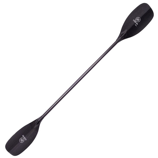 The Odachi by Werner Paddles is a precise black carbon fiber kayak paddle with a central shaft and two symmetrical blades, perfect for competitive slalom kayaking.