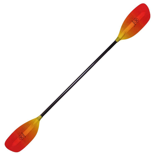The Werner Paddles Surge is a whitewater kayak paddle with powerhouse blades in a striking red and yellow gradient, complemented by a durable black fiberglass shaft.