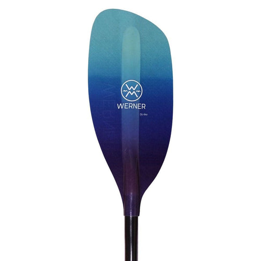 The Werner Paddles Strike Whitewater kayak paddle features a durable fiberglass blue gradient blade and sturdy black shaft, complete with the Werner logo and "Strike" text.