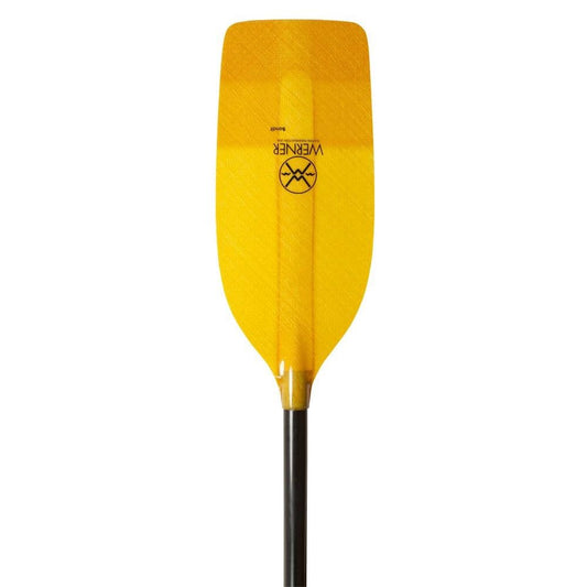 The Bandit by Werner Paddles features a yellow, spooned canoe-shaped blade with the "WERNER" logo. Its durable black fiberglass shaft makes it ideal for paddle enthusiasts seeking quality in every stroke.