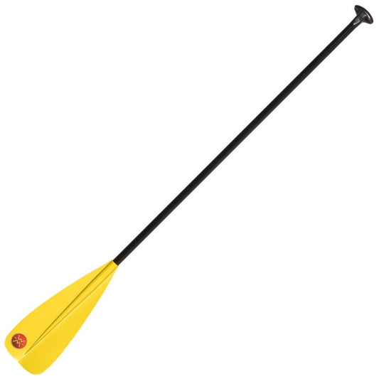 The Vibe Adjustable SUP paddle by Werner Paddles is yellow and black with a T-grip handle on a white background. It features a fiberglass shaft and LeverLock adjustable system for optimal performance.