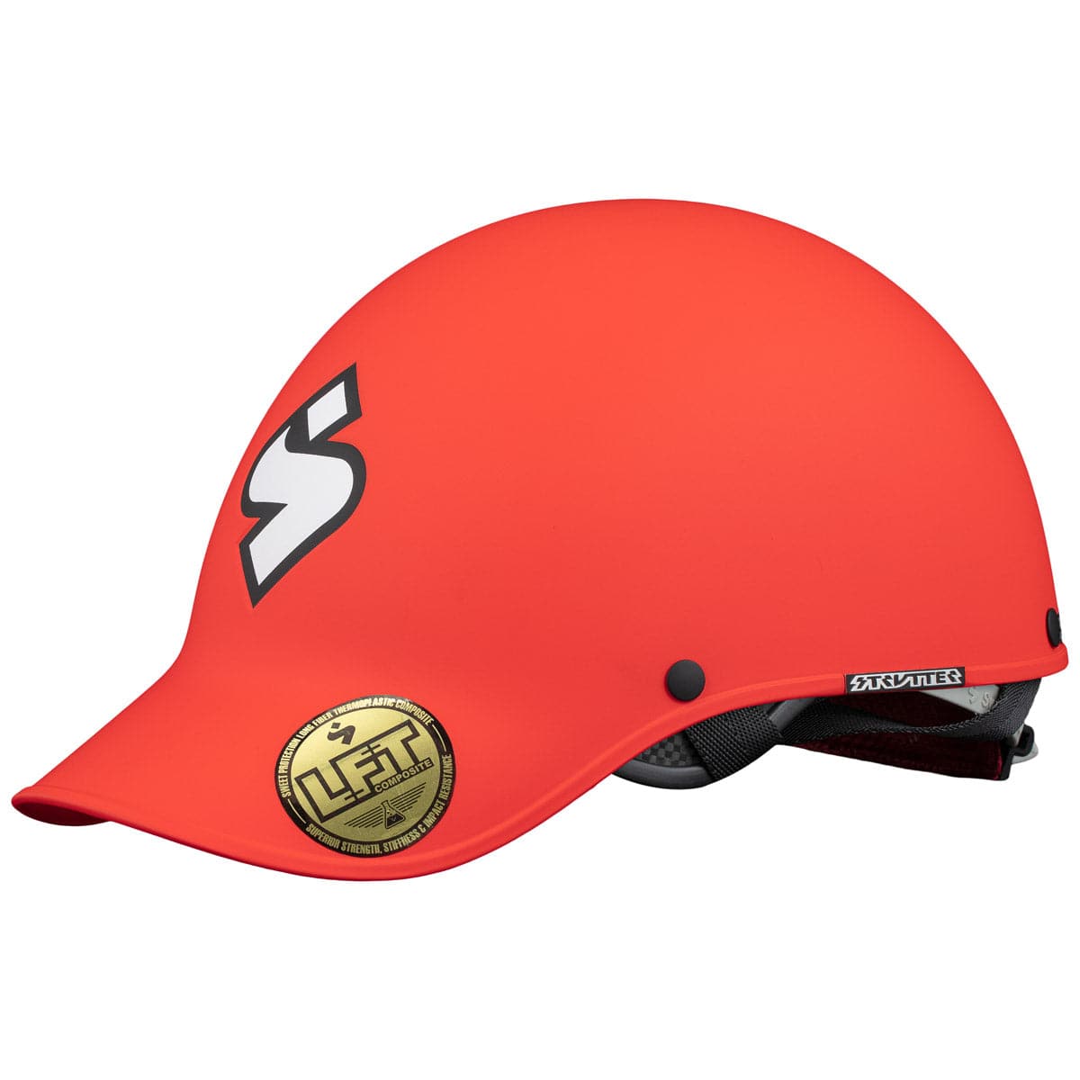 The Strutter Helmet by Sweet Protection is a red safety helmet with a black adjustable strap, featuring a white 'S' logo on the side and a "Lift" gold sticker on the front. Made with long fiber thermoplastic, it offers enhanced durability.
