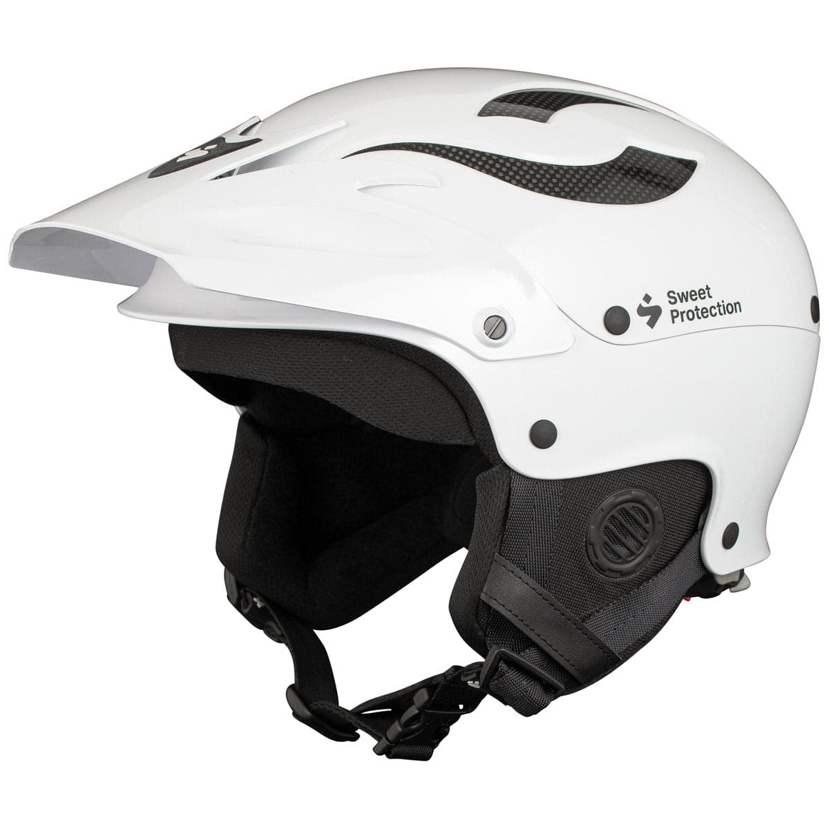 The Rocker Helmet by Sweet Protection, featuring TLC Shell Technology, has a white exterior with black interior padding, chin strap, and air vents. It prominently displays "Sweet Protection Rocker" on the side and is perfect for anyone seeking high-quality whitewater helmets.