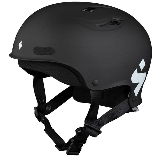 The Wanderer II Helmet by Sweet Protection is a black safety helmet featuring impact-resistant qualities, an adjustable chin strap, ventilation openings, the Occigrip tensioning system for a secure fit, and a side logo.