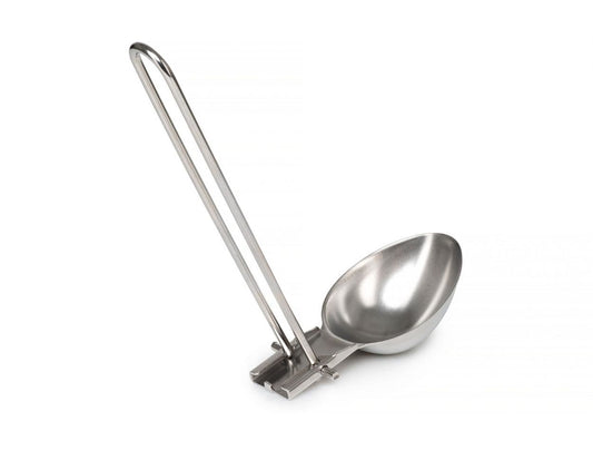 A sleek, long-handled metal ice cream scoop sits elegantly on a flat surface, reminiscent of the precision seen in the GSI Outdoors Basecamp Chef's Tool Set.